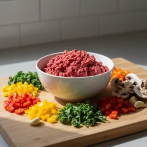 Lean ground bison browning in a skillet with onions and olive oil, highlighting the protein-rich base of the recipe.