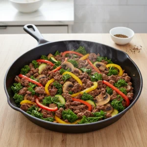 Chopped fresh zucchini, bell peppers, mushrooms, kale, onions, and seasonings on a wooden board, ready to be cooked for the autumn bison skillet.