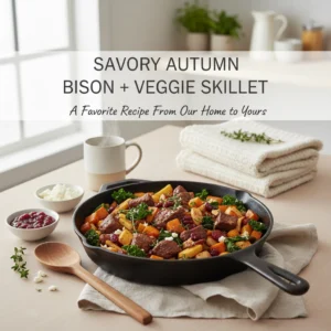 Hearty skillet of ground bison, colorful vegetables, and wilted kale served in a rustic pan, surrounded by fresh autumn produce.