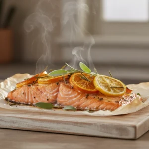 Golden-brown roasted salmon topped with caramelized citrus slices and fresh herbs, straight from the oven and ready to serve
